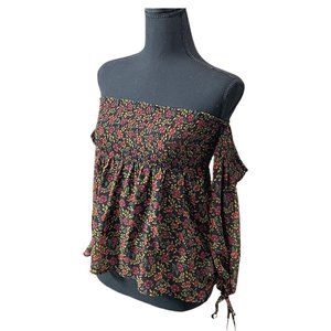 American Eagle Women’s Top XS BoHo Black Floral Off The Shoulder Smocked Lined